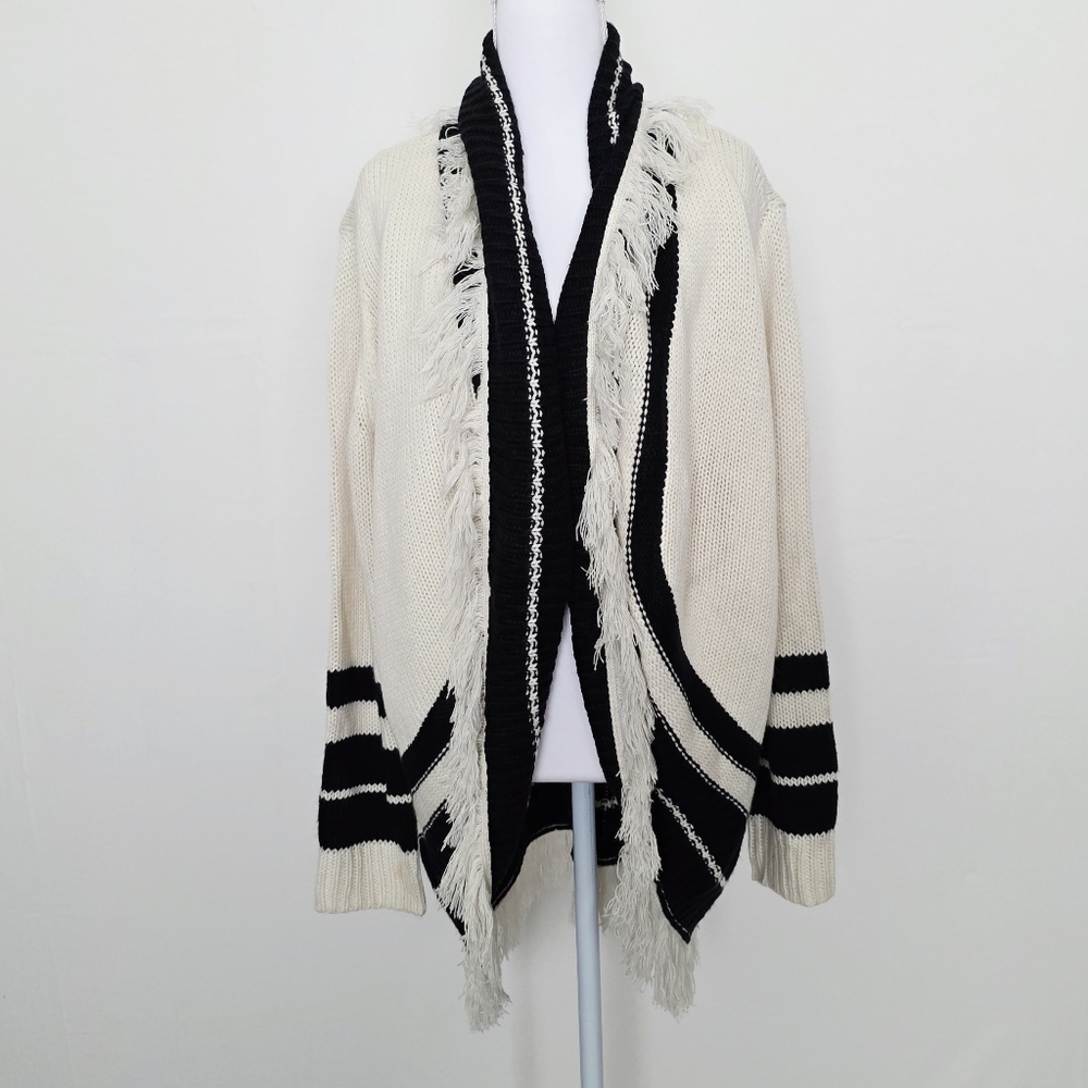NWOT BB Dakota Ivory Black Open Front Fringe Trim Knit Women's Cardigan Size L